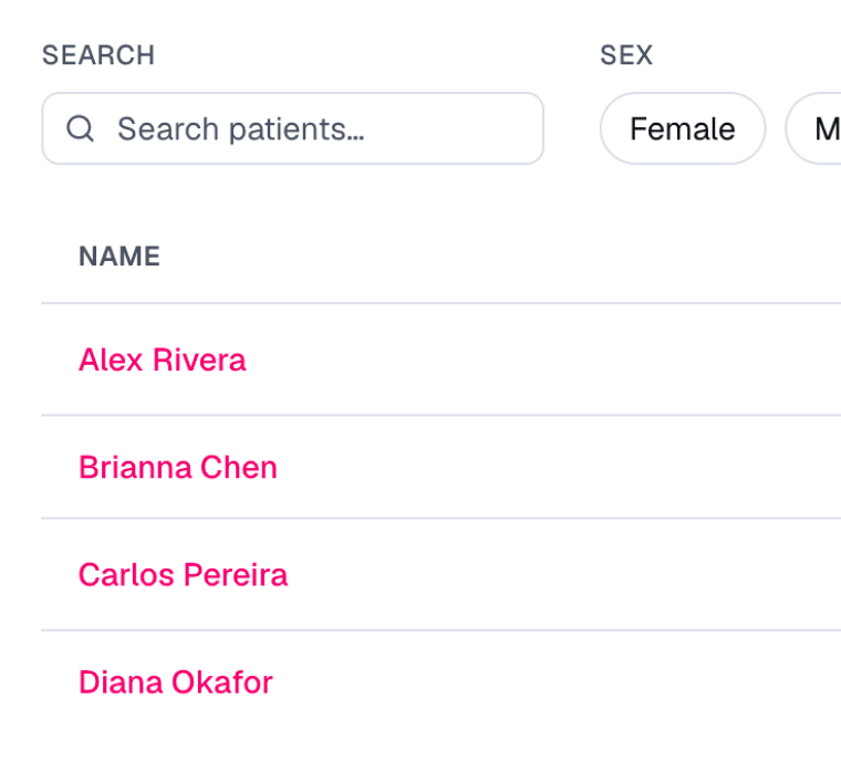 Clinician dashboard patient list